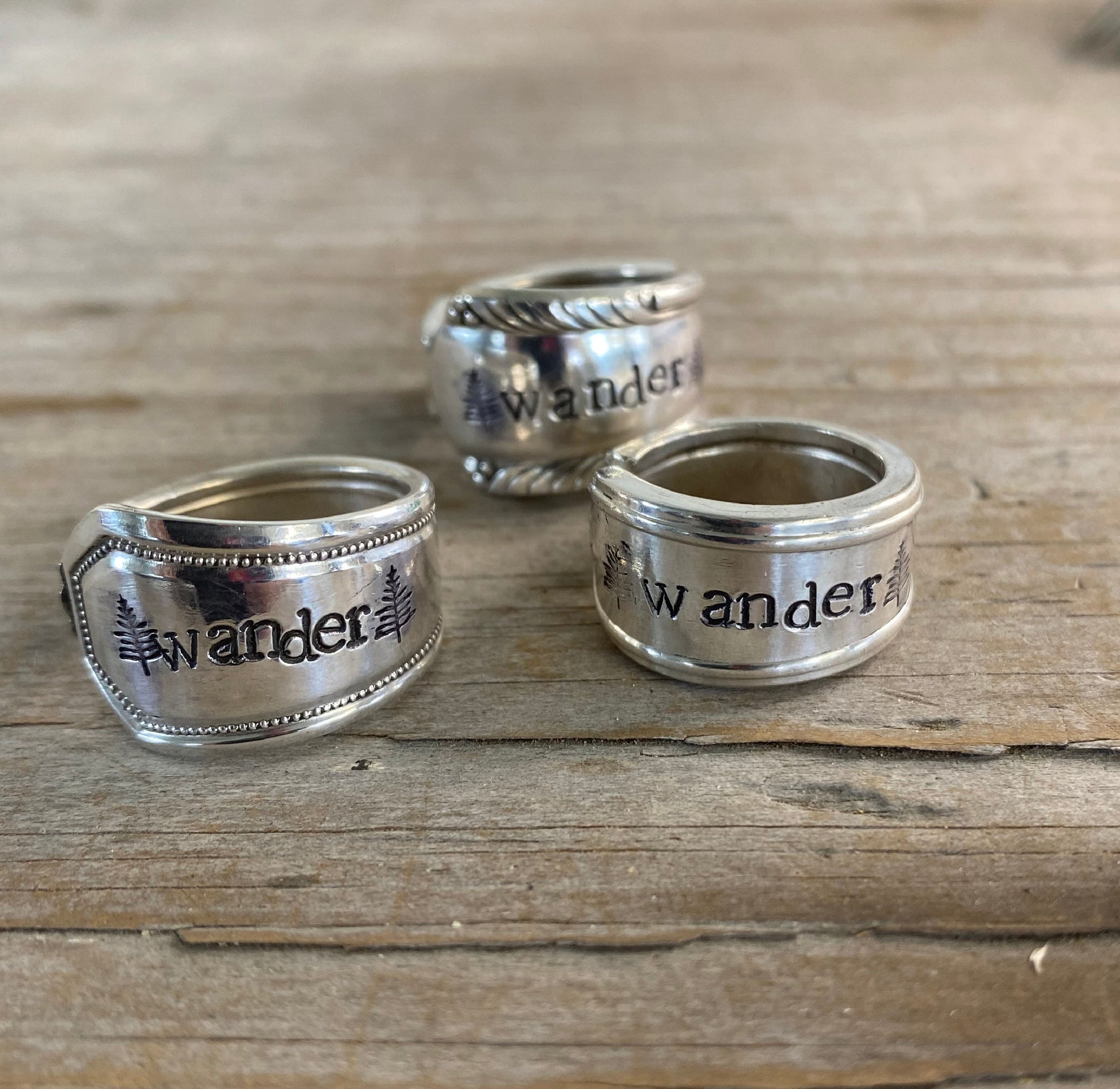 Another view of a trio of WANDER handmade spoon rings made from upcycled vintage silverware 