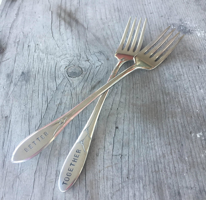 Handstamped mismatched set wedding cake forks that read better together