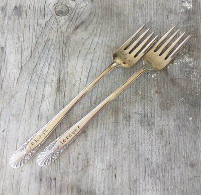 Always and forever handstamped wedding cake forks