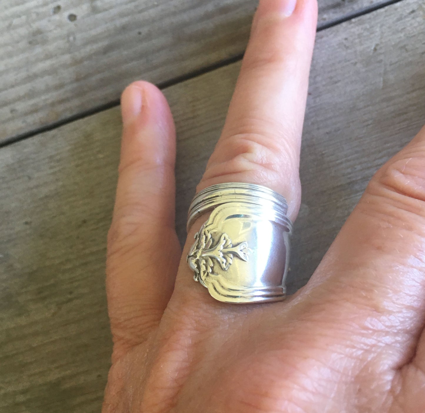 Duchess sterling silver spoon ring worn on hand showing fit - Sterling spoon ring - handcrafted from upcycled vintage silverware - Laughing Frog Studio