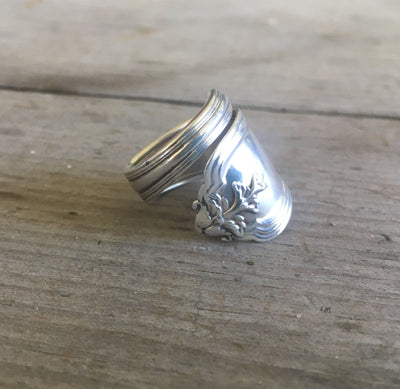 Sterling silver Duchess spoon ring made from vintage Whiting demitasse - upcycled botanical statement jewelry
