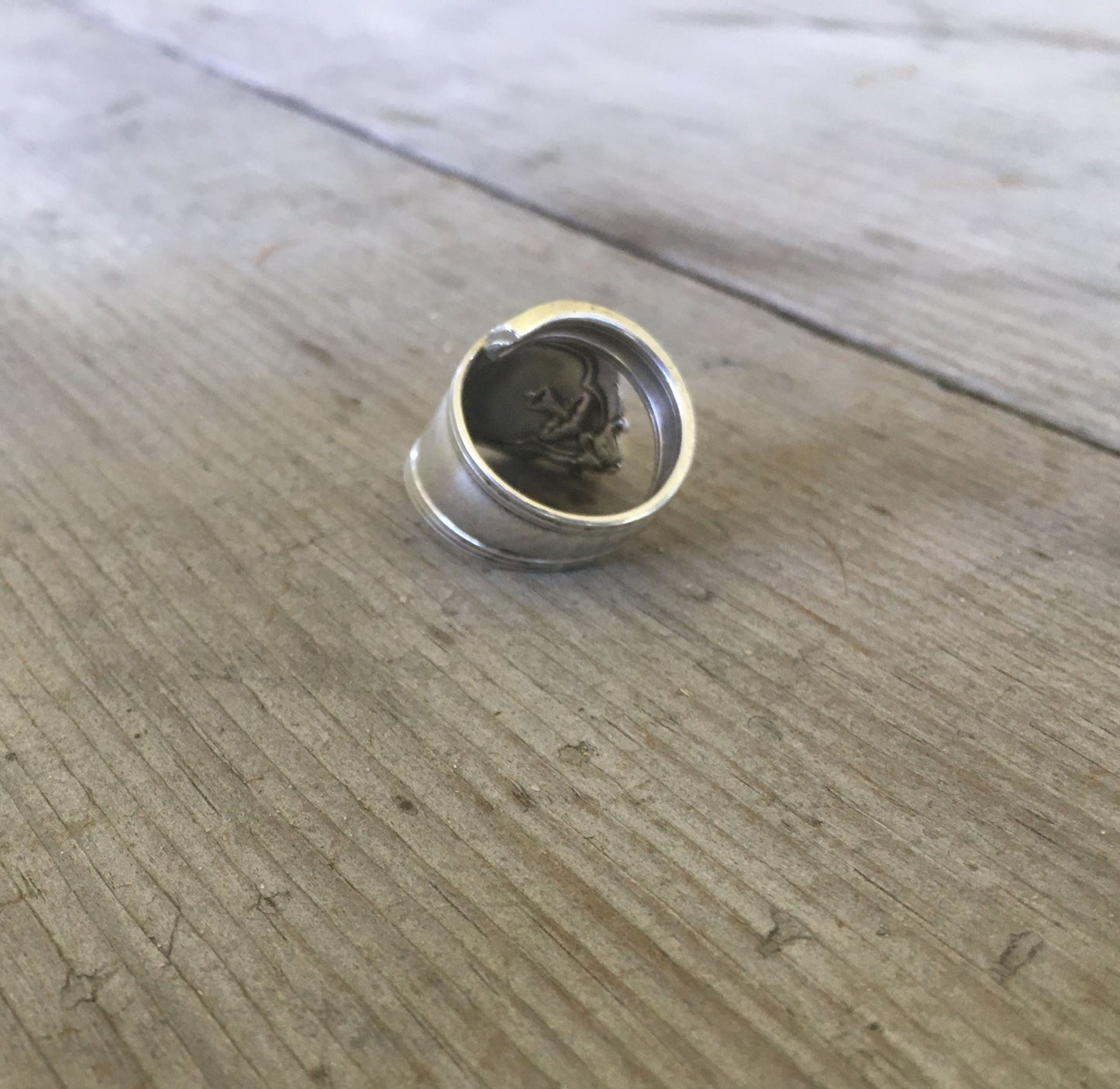 Coil wrap shape of 1906 Whiting Duchess sterling demitasse spoon ring - Sterling spoon ring - handcrafted from upcycled vintage silverware - Laughing Frog Studio