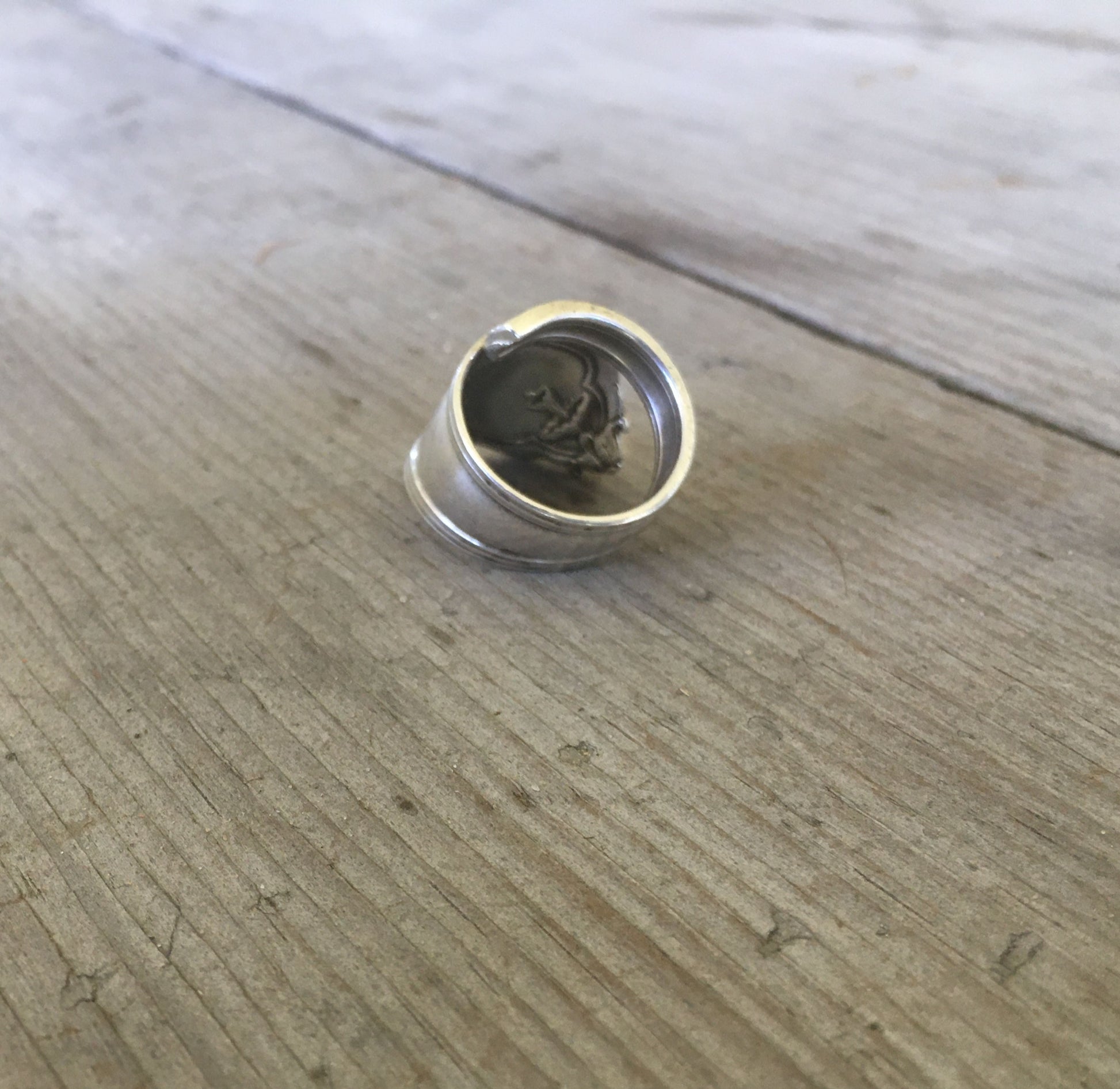 Coil wrap shape of 1906 Whiting Duchess sterling demitasse spoon ring - Sterling spoon ring - handcrafted from upcycled vintage silverware - Laughing Frog Studio
