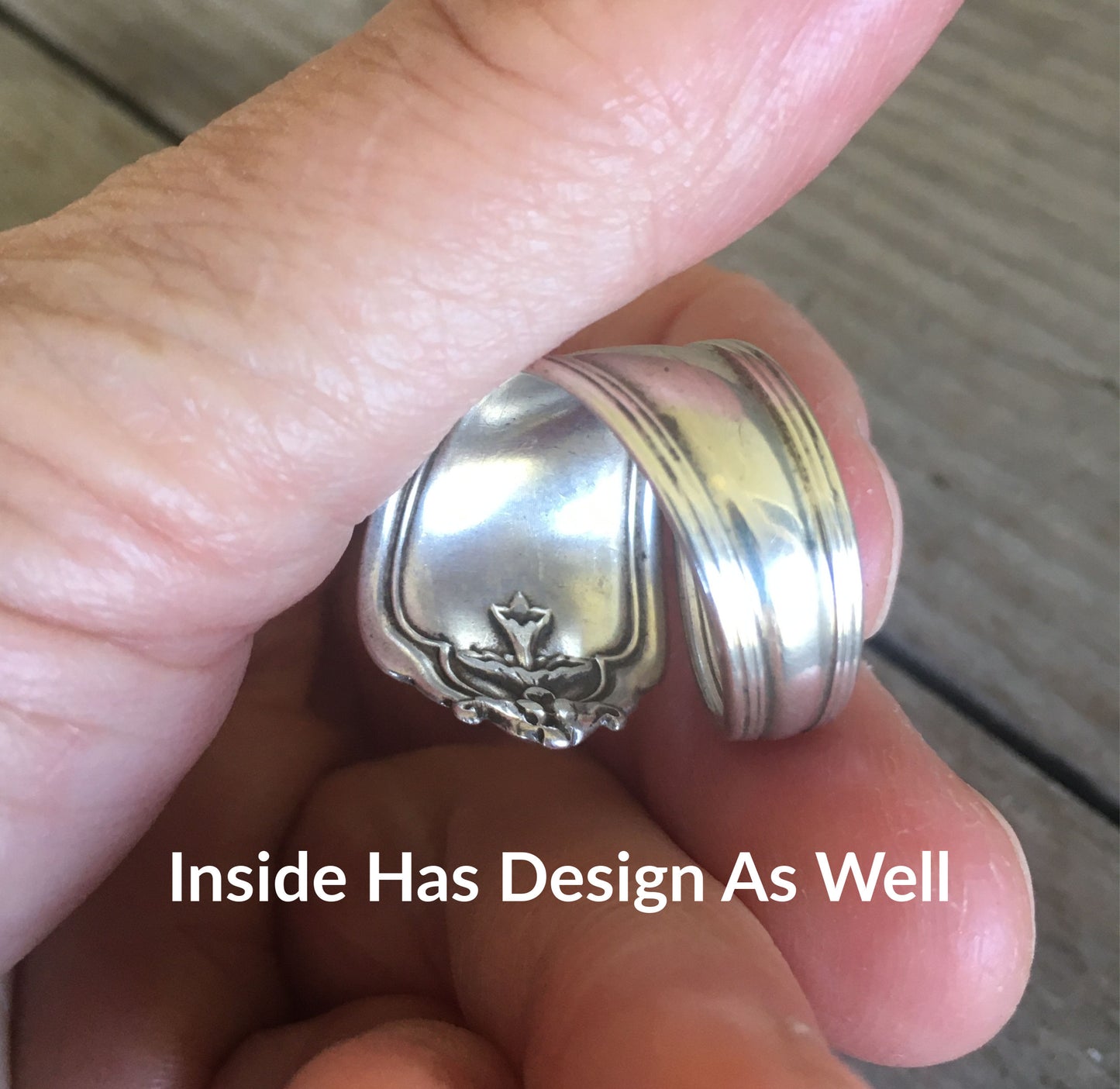 Inside design detail of Duchess sterling silver spoon ring - Sterling spoon ring - handcrafted from upcycled vintage silverware - Laughing Frog Studio