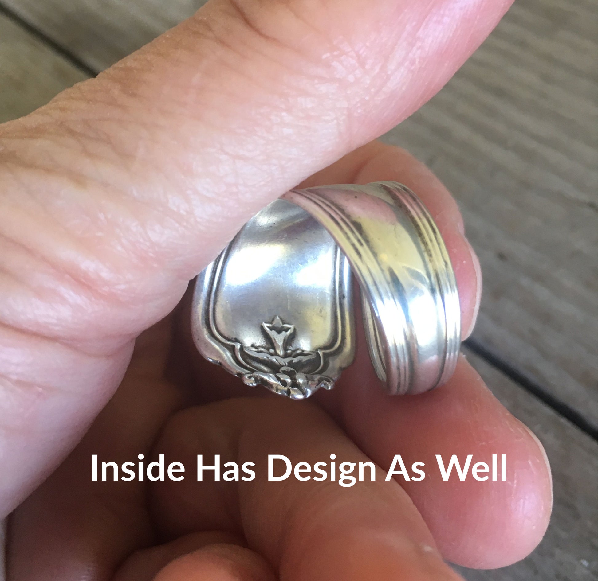 Inside design detail of Duchess sterling silver spoon ring - Sterling spoon ring - handcrafted from upcycled vintage silverware - Laughing Frog Studio