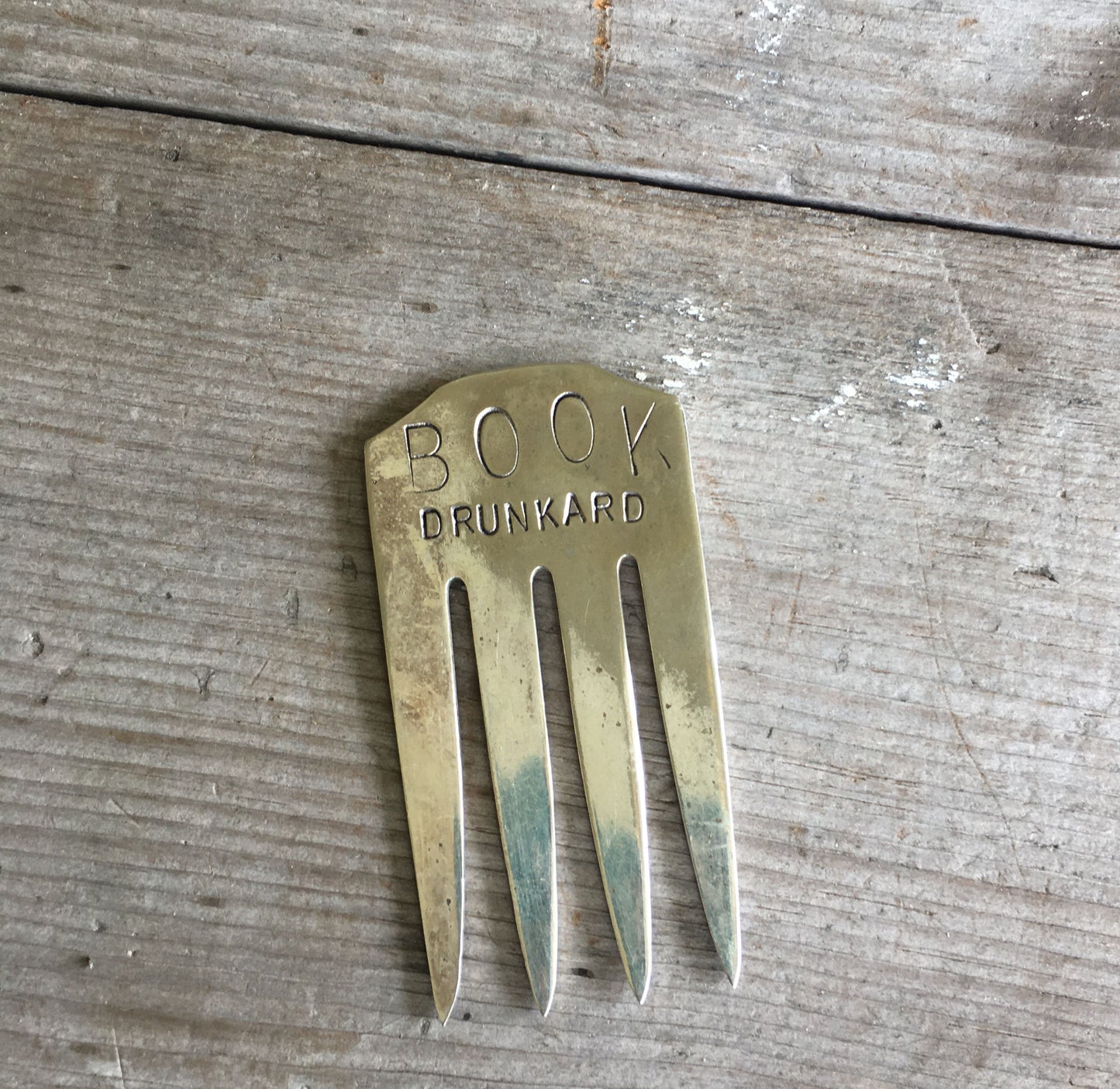 Handcrafted vintage silverplate fork bookmark stamped BOOK DRUNKARD - gift for book lovers