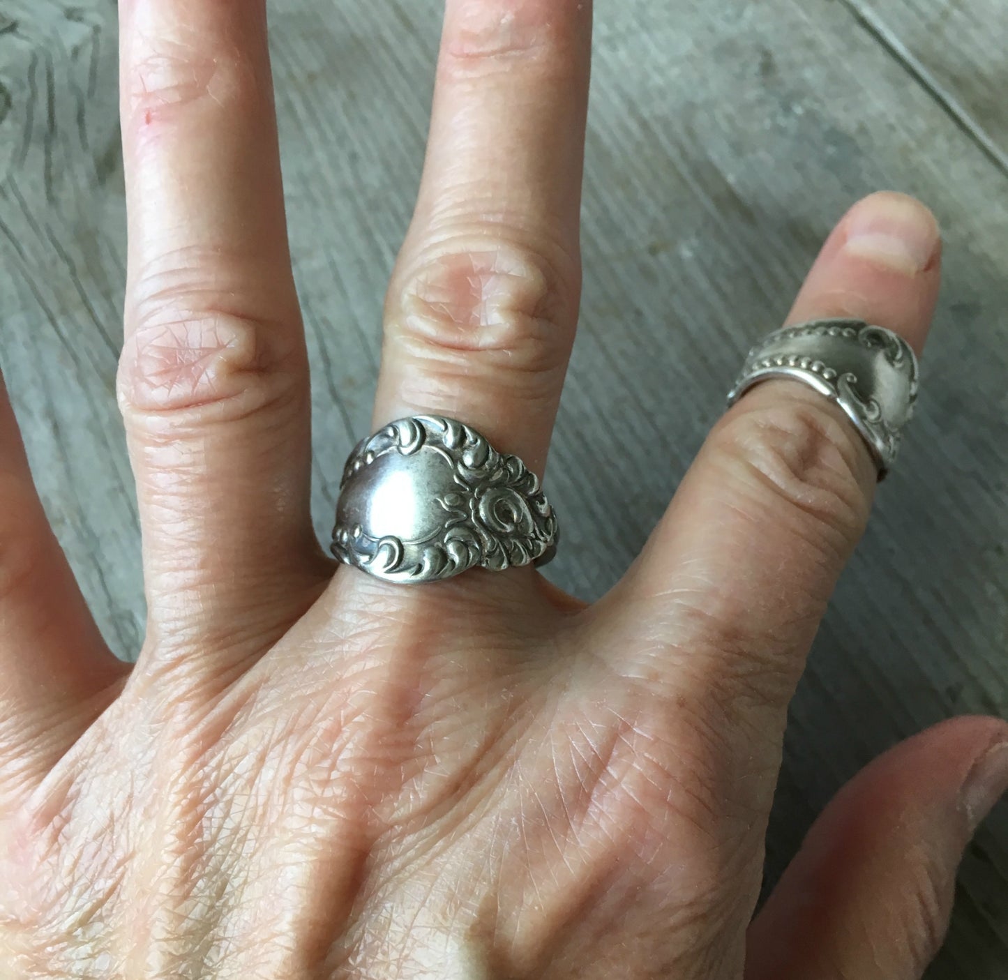 Spoon Ring from Antique Spoon William A. Rogers Carlton 1898 Shown on Model's Hand