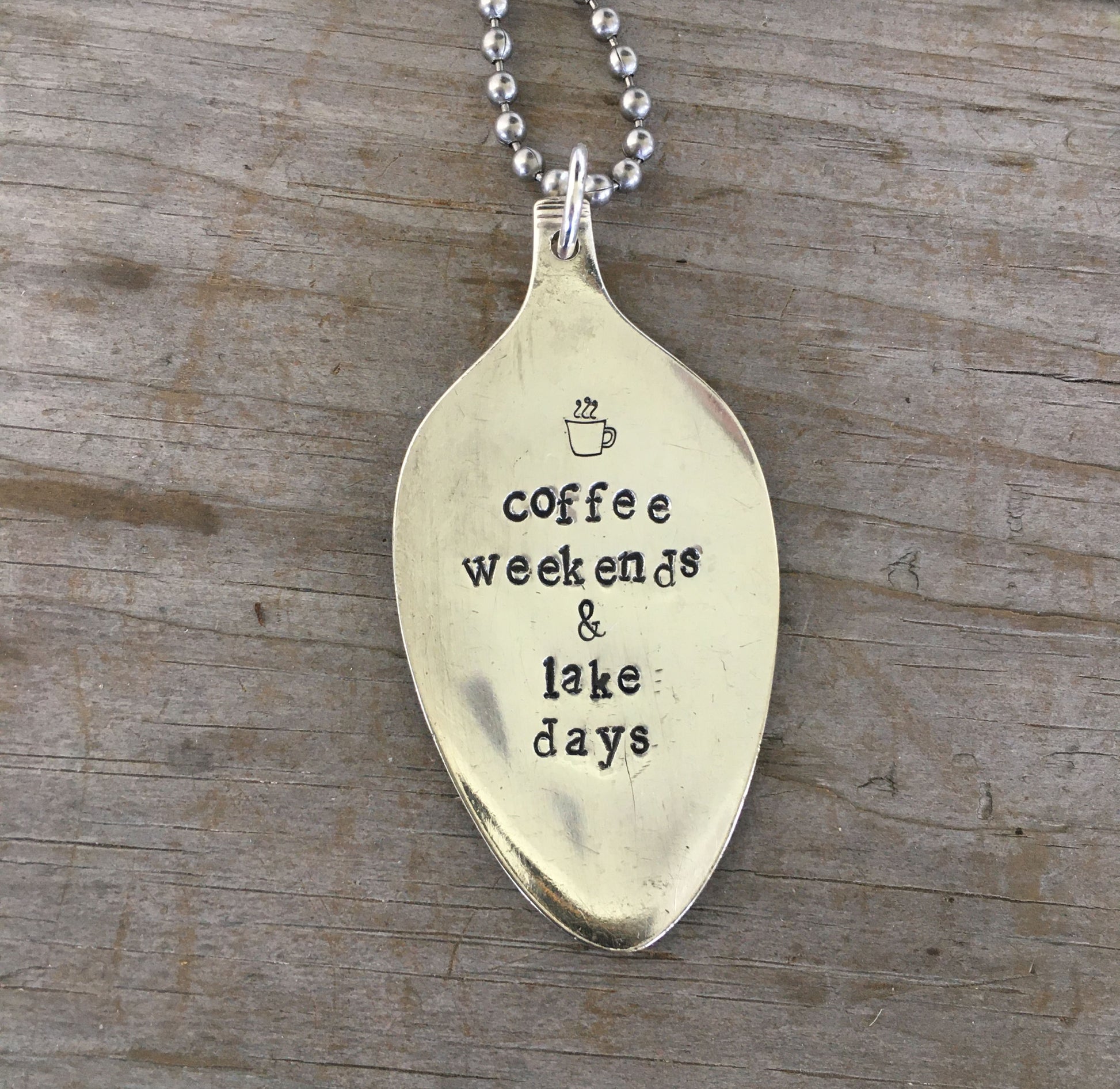 Detail of COFFEE WEEKENDS & LAKE DAYS stamped spoon pendant on ball chain, layerable gypsy style jewelry