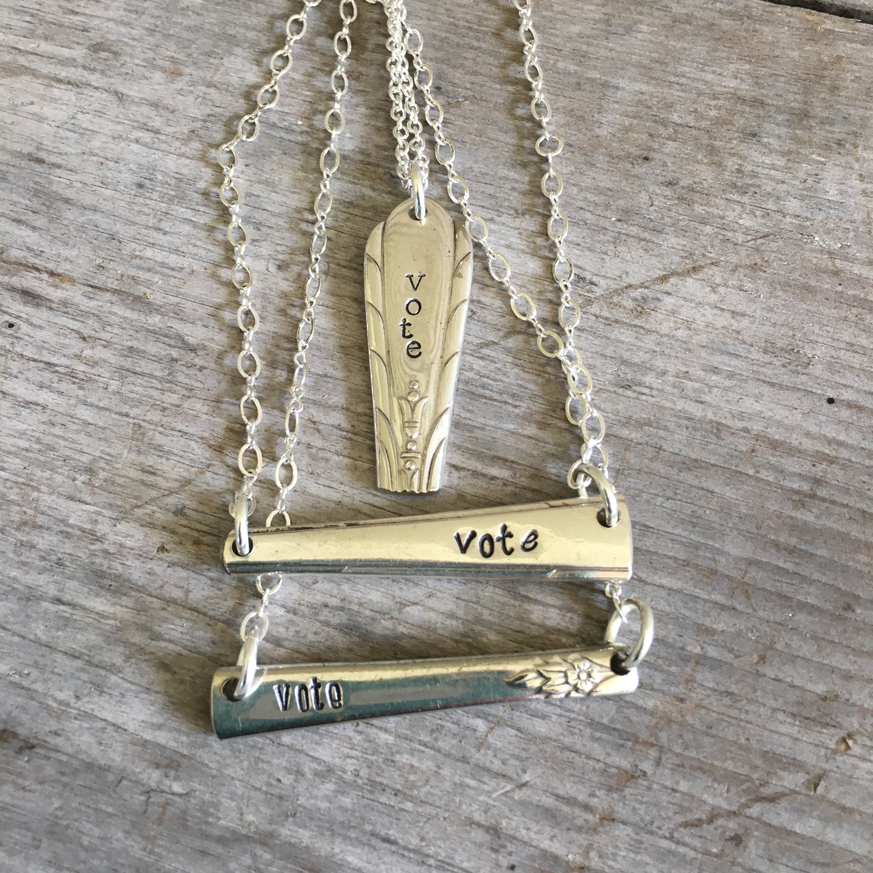 Trio of VOTE bar necklaces on silverplate chains - sustainable and purposeful upcycled vintage silverware jewelry