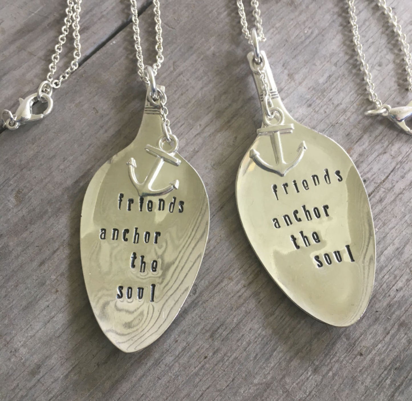 Handcrafted FRIENDS ANCHOR THE SOUL stamped spoon necklaces with pewter anchor charms on silverplate chains, upcycled vintage silverware jewelry