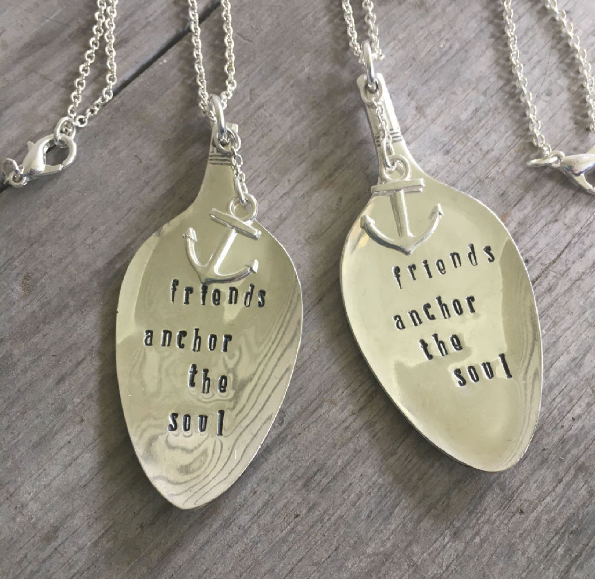 Handcrafted FRIENDS ANCHOR THE SOUL stamped spoon necklaces with pewter anchor charms on silverplate chains, upcycled vintage silverware jewelry