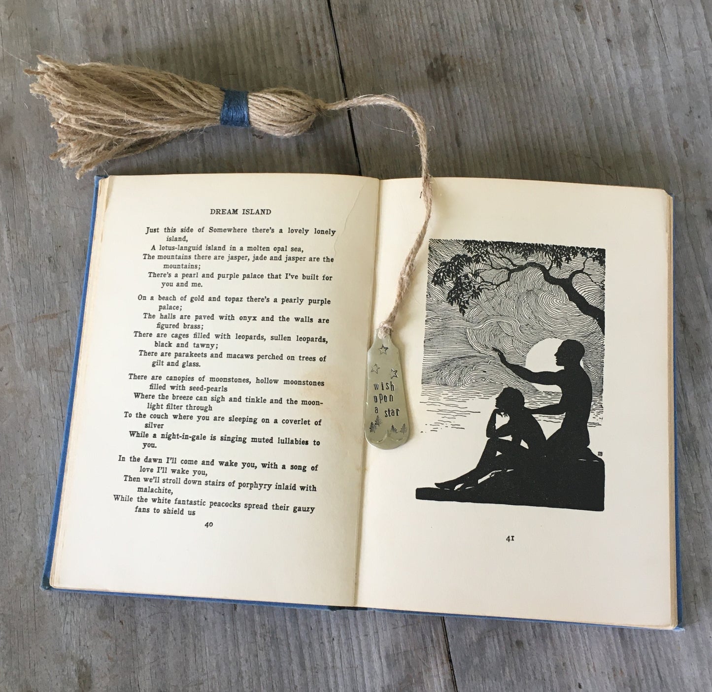 Handcrafted antique spoon bookmark stamped WISH UPON A STAR - late 1800s Fiddle pattern with handmade tassel