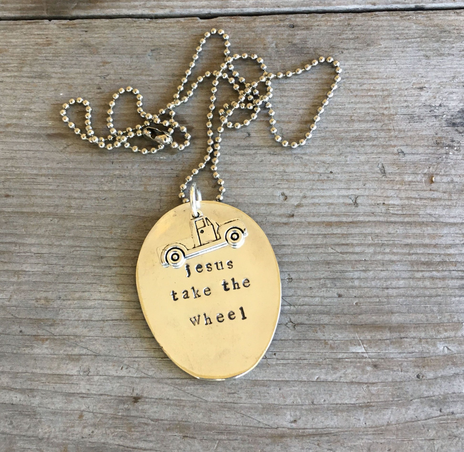 Handcrafted JESUS TAKE THE WHEEL stamped spoon necklace with vintage pickup truck charm on ball chain, upcycled silverplate jewelry