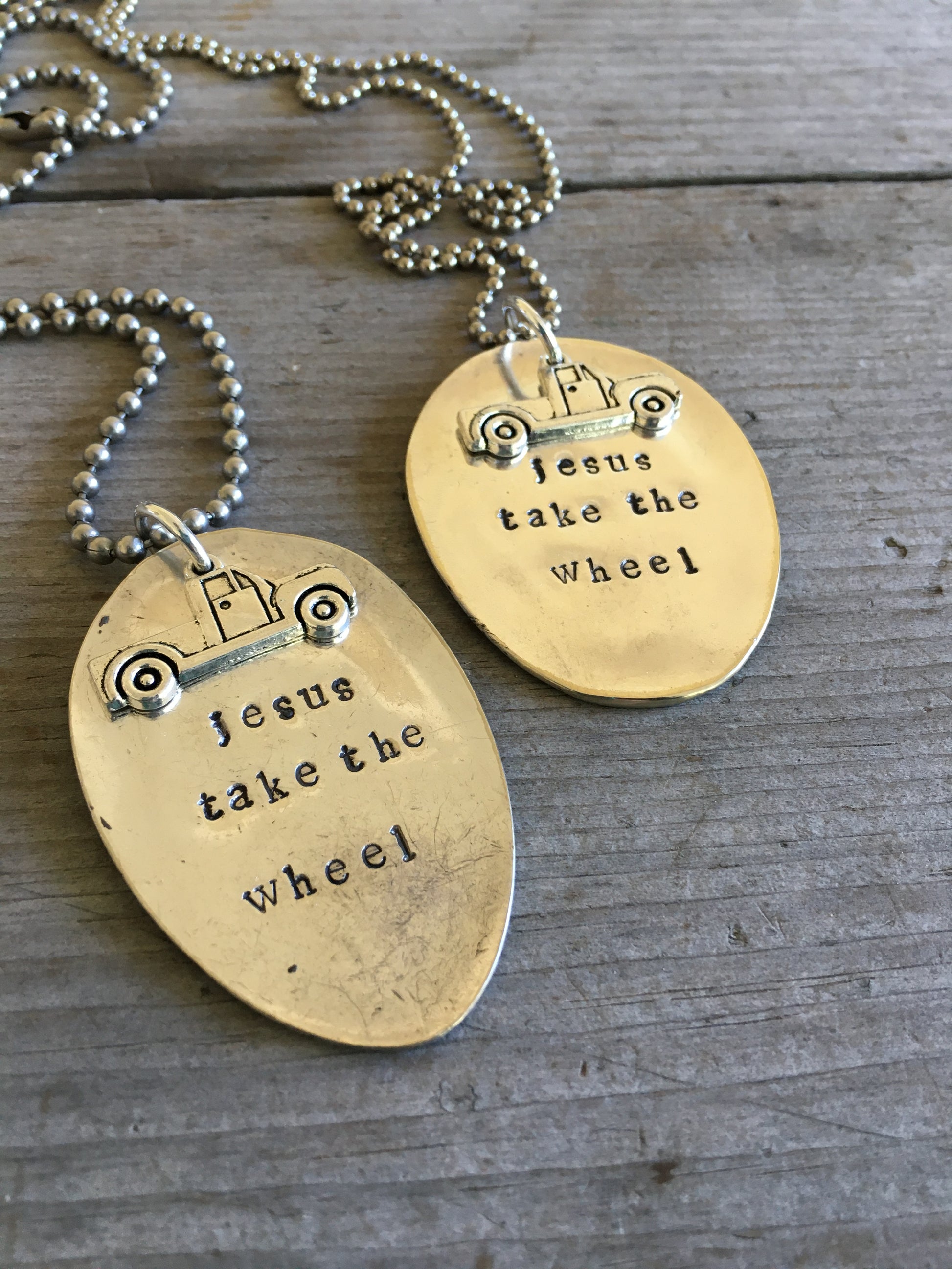 JESUS TAKE THE WHEEL spoon necklace with pickup truck charm on 19-inch vintage ball chain, layerable soulful design