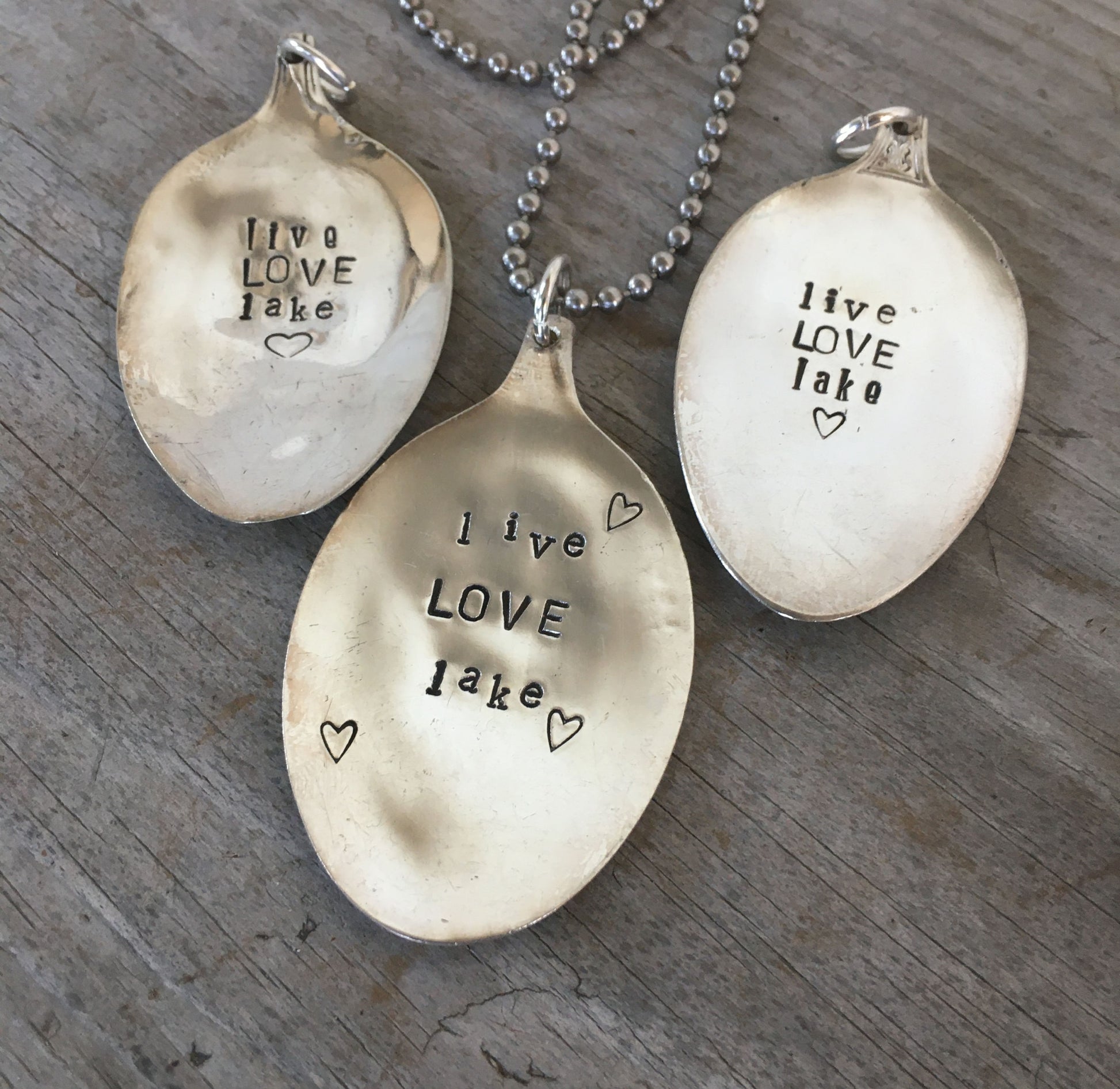 Handcrafted LIVE LOVE LAKE stamped spoon necklaces on vintage 1970s ball chains, upcycled silverplate lake life jewelry