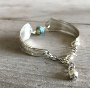 Handmade Spoon Bracelet Featuring Aqua Blue Czech Glass Bead