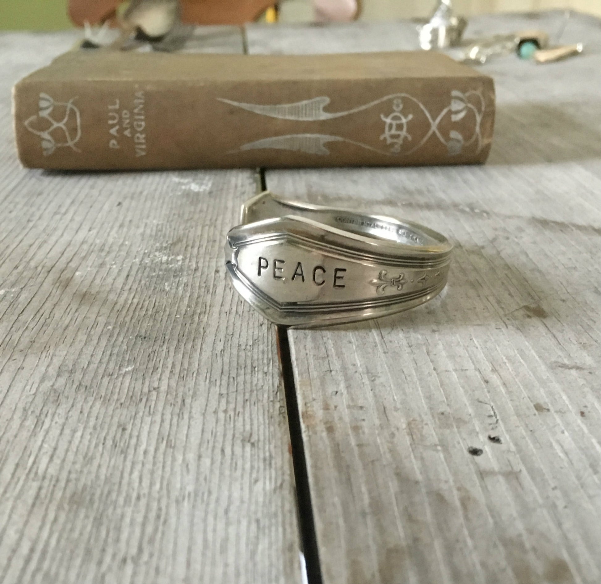 Spoon cuff bracelet handstamped PEACE
