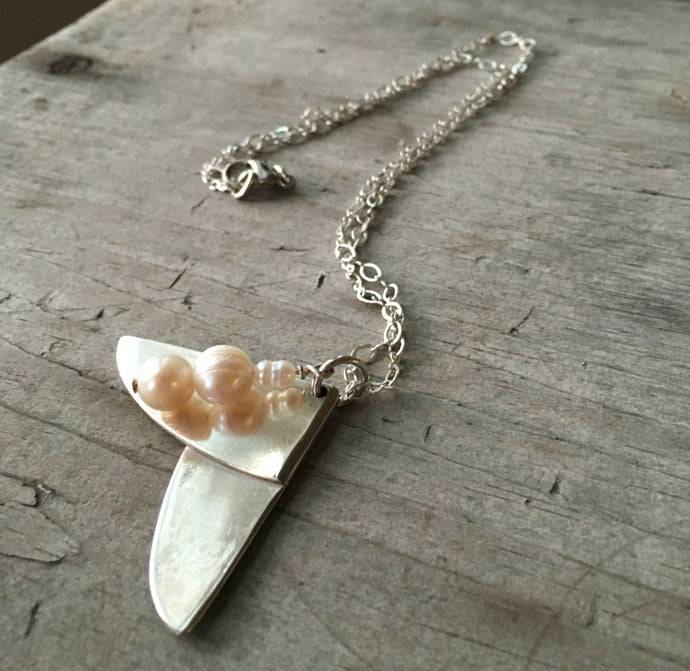 Upcycled Silverware Spoon Artisan Necklace with Cultured Pearl Beads