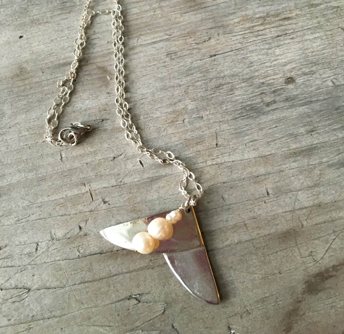 Silverplate silverware handmade spoon necklace with pearls