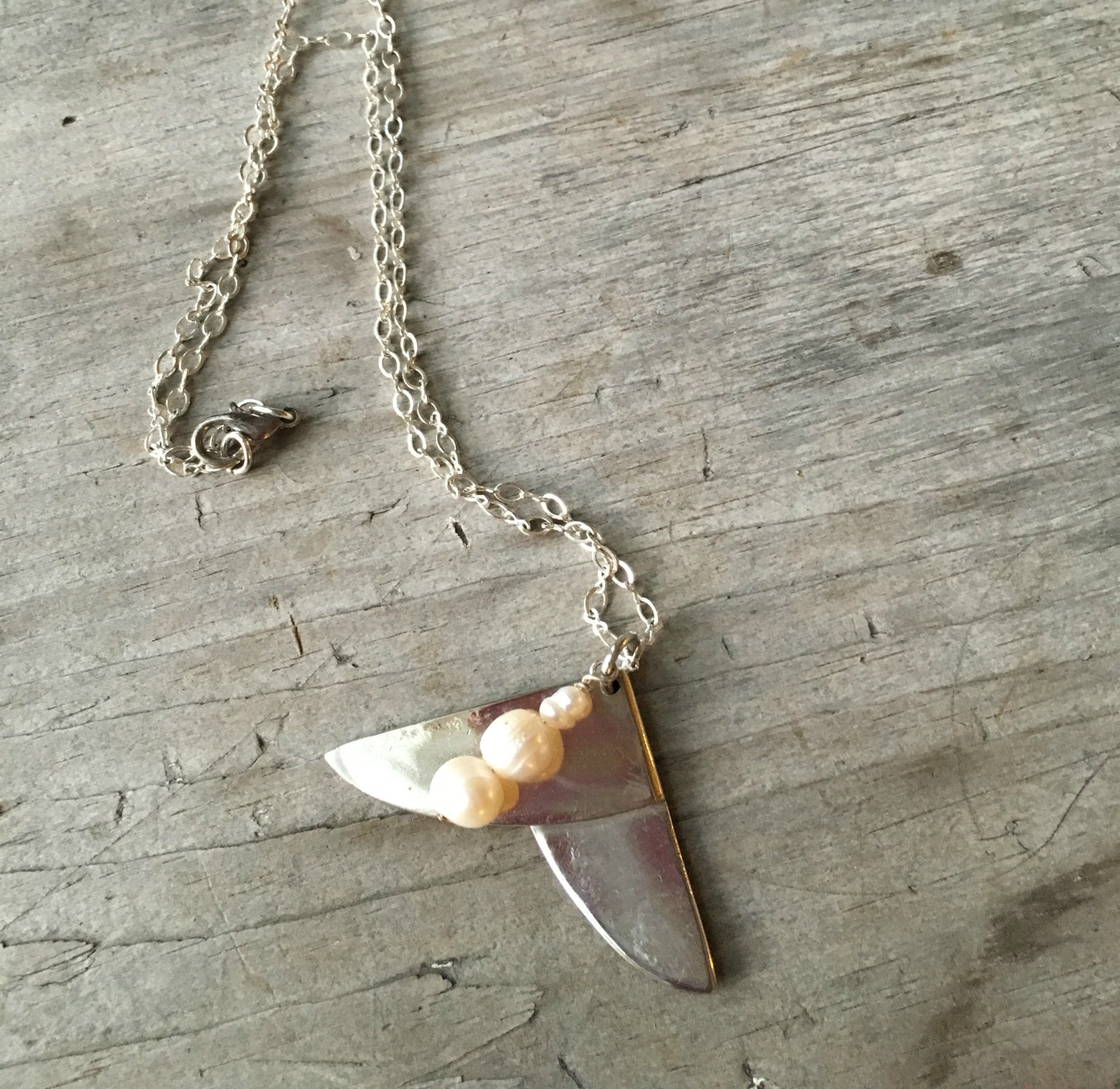 Silverplate silverware handmade spoon necklace with pearls