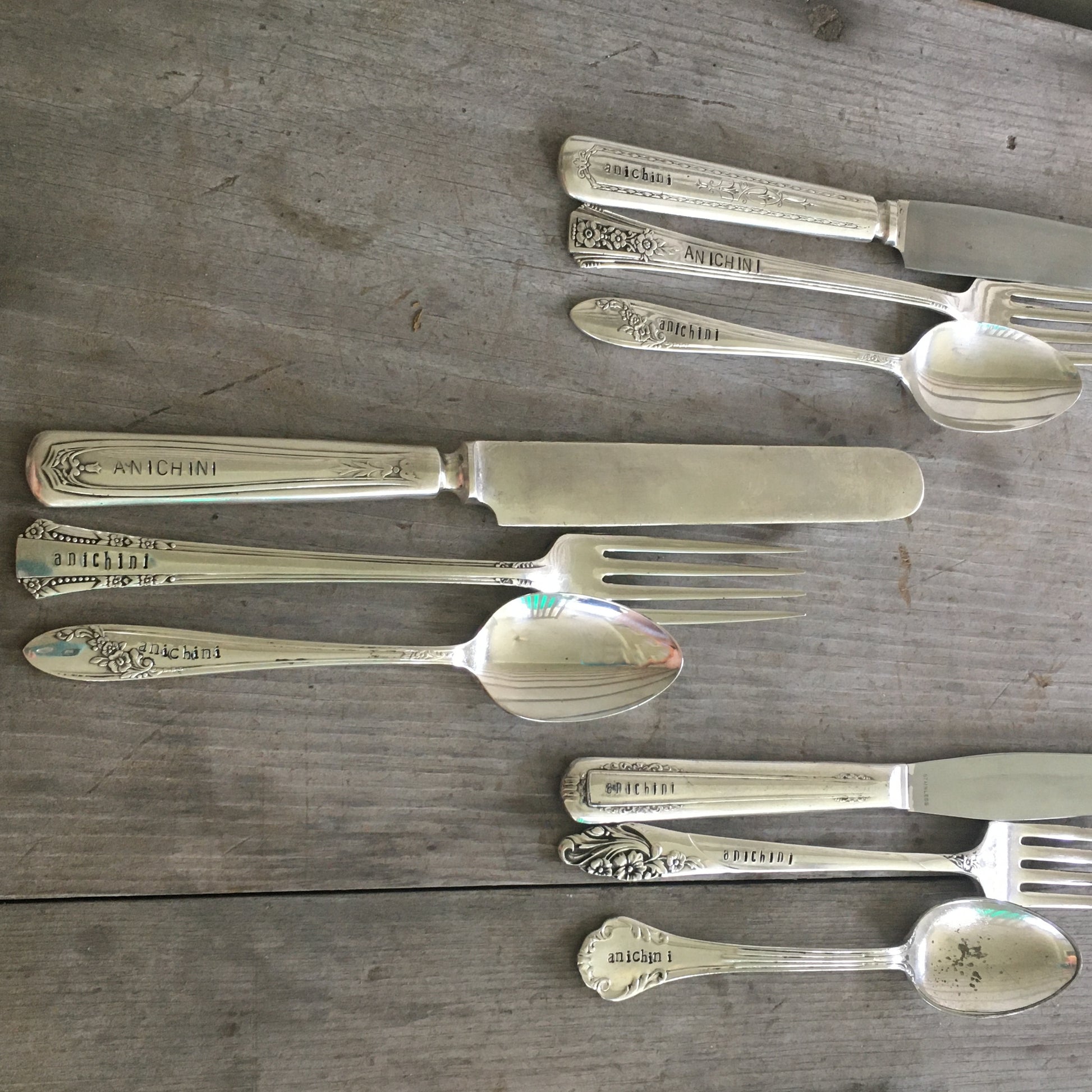 Custom stamped silverware place setting - vintage mismatched fork knife spoon with personalized words