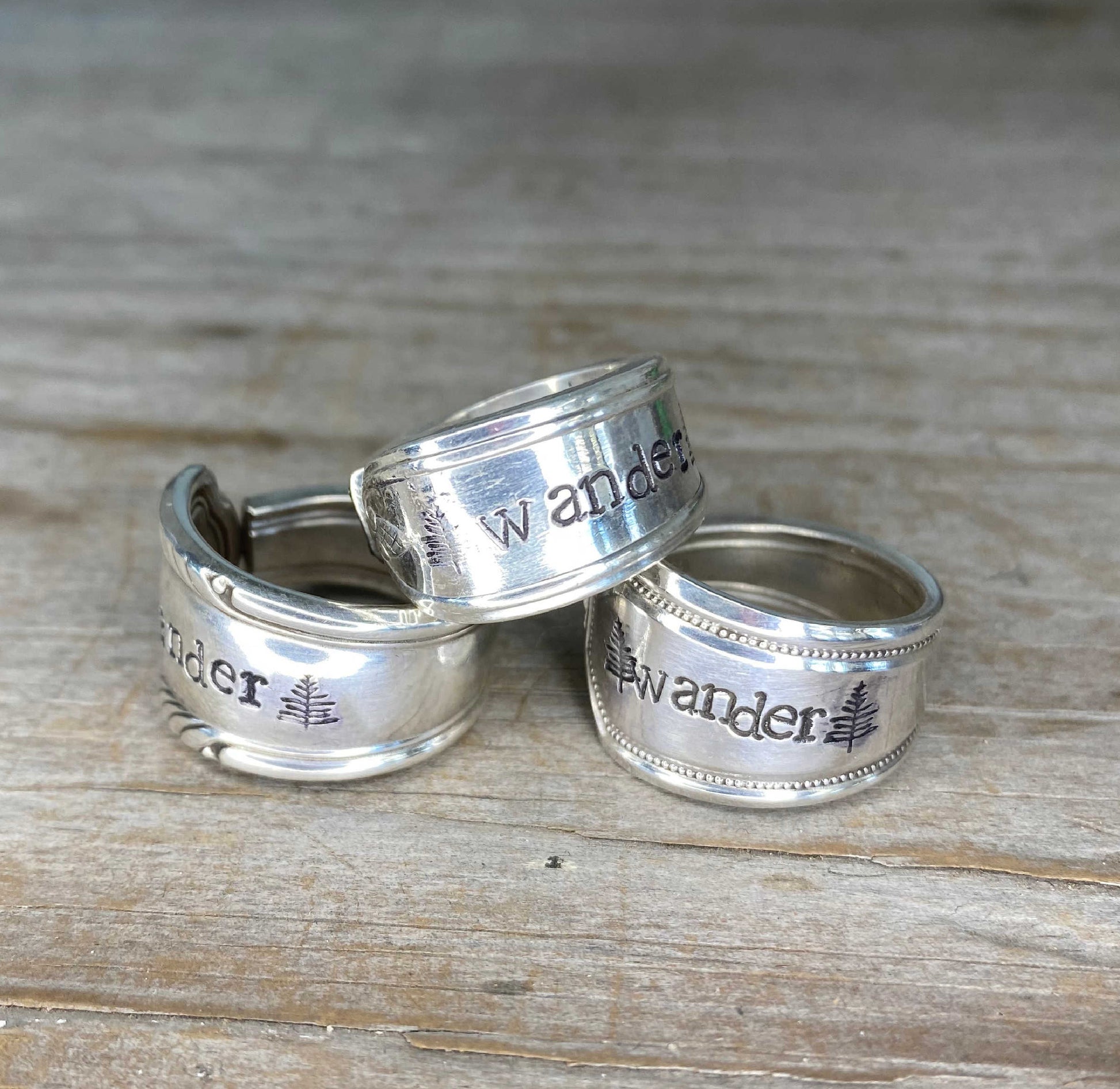 Trio of Hand stamped WANDER spoon rings made from upcycled vintage silverware - handmade artisan jewelry